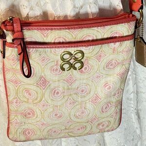 COACH Crossbody - Canvas Stylish Pink and Gold Patterned Crossbody Bag EUC
